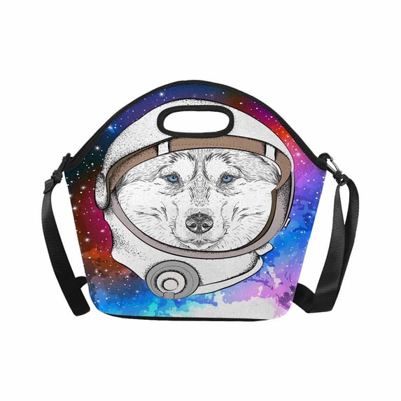 SUNENAT Neoprene Lunch Boxes Lunch Bag Tote Funny Cartoon Husky Dog in Astronaut's Nebula Galaxy Space Suit Large Insulated Lunchbox Handbag Cooler with Shoulder Strap for Men Women Adult