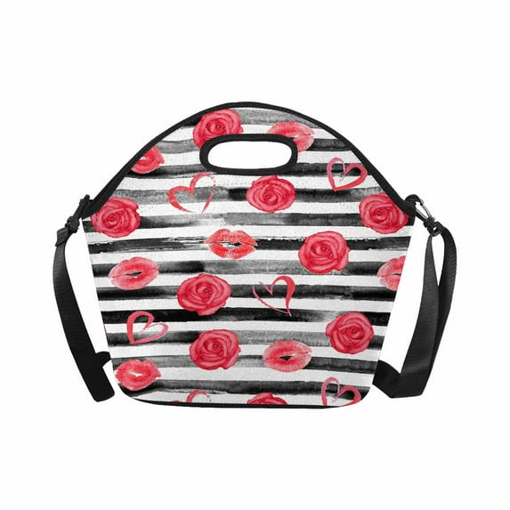 SUNENAT Neoprene Lunch Tote Bag Watercolor Red Roses Hearts And Lips Kisses With Stripes Large Neoprene Food Container Gourmet Tote Cooler with Shoulder Strap for Women Men
