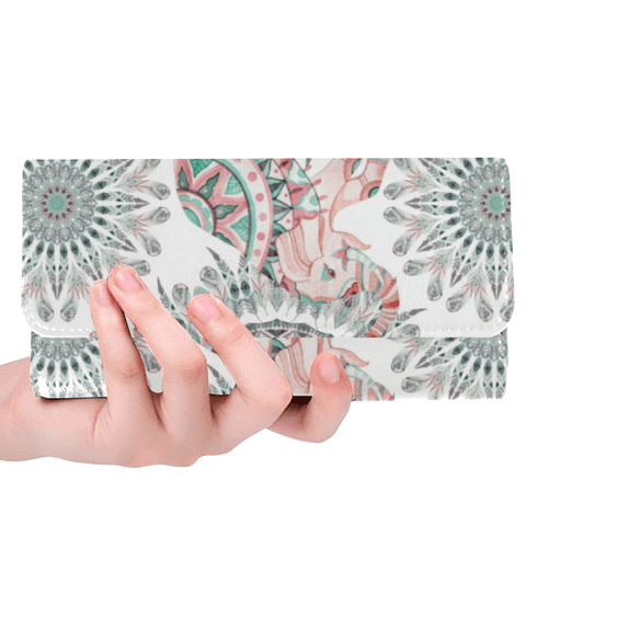 SUNENAT Tribal Aztec Elephant Mandala Women's Leather Trifold Wallet Multi Card Holder Clutch Long Purse