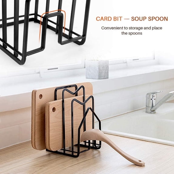 SUNFCON Cutting Board Rack Chopping Board Organizer Stand Holder Kitchen Countertop Pots & Pans Counter Organizer Flat Steel Black