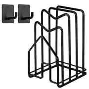 SUNFCON Cutting Board Rack w 2 Adhesive Hanging Hooks Chopping Board Organizer Stand Holder Kitchen Countertop Dishes Plates Pot Lids Pan Lids Rack Organizer Heavy Duty Metal Black