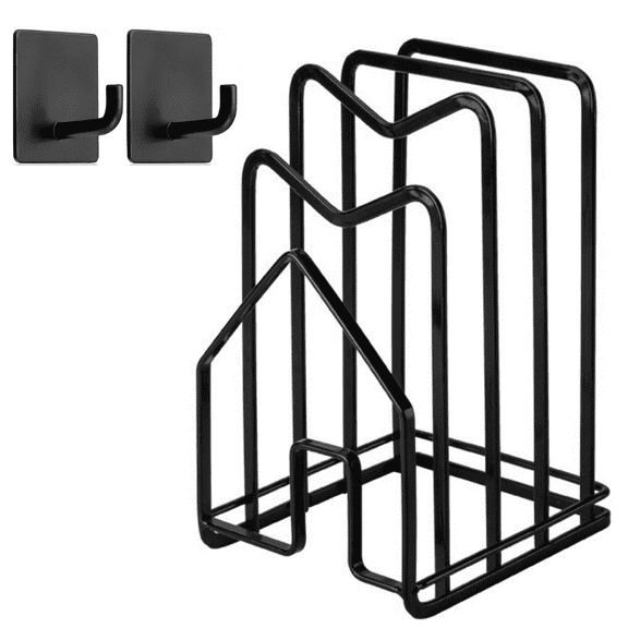 SUNFCON Cutting Board Rack w 2 Adhesive Hanging Hooks Chopping Board Organizer Stand Holder Kitchen Countertop Dishes Plates Pot Lids Pan Lids Rack Organizer Heavy Duty Metal Black