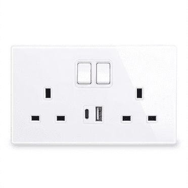 SUNFEX Socket Dual Switch Socket Tempered Glass With 2 Usb Charging Ports 13 Amp 20W Fast Charging Board Wall Power Socket