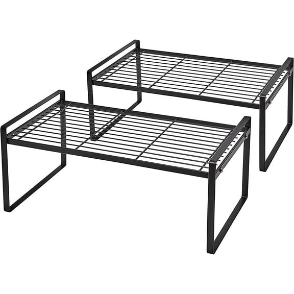 SUNFICON 2 Pack Cabinet Shelf Organizer Storage Rack Space Saving for Kitchen Counter Pantry Bathroom Cupboard Under Sink Office Table Desk Steel Stackable Rust Resistant 20”Black w Connected Hooks