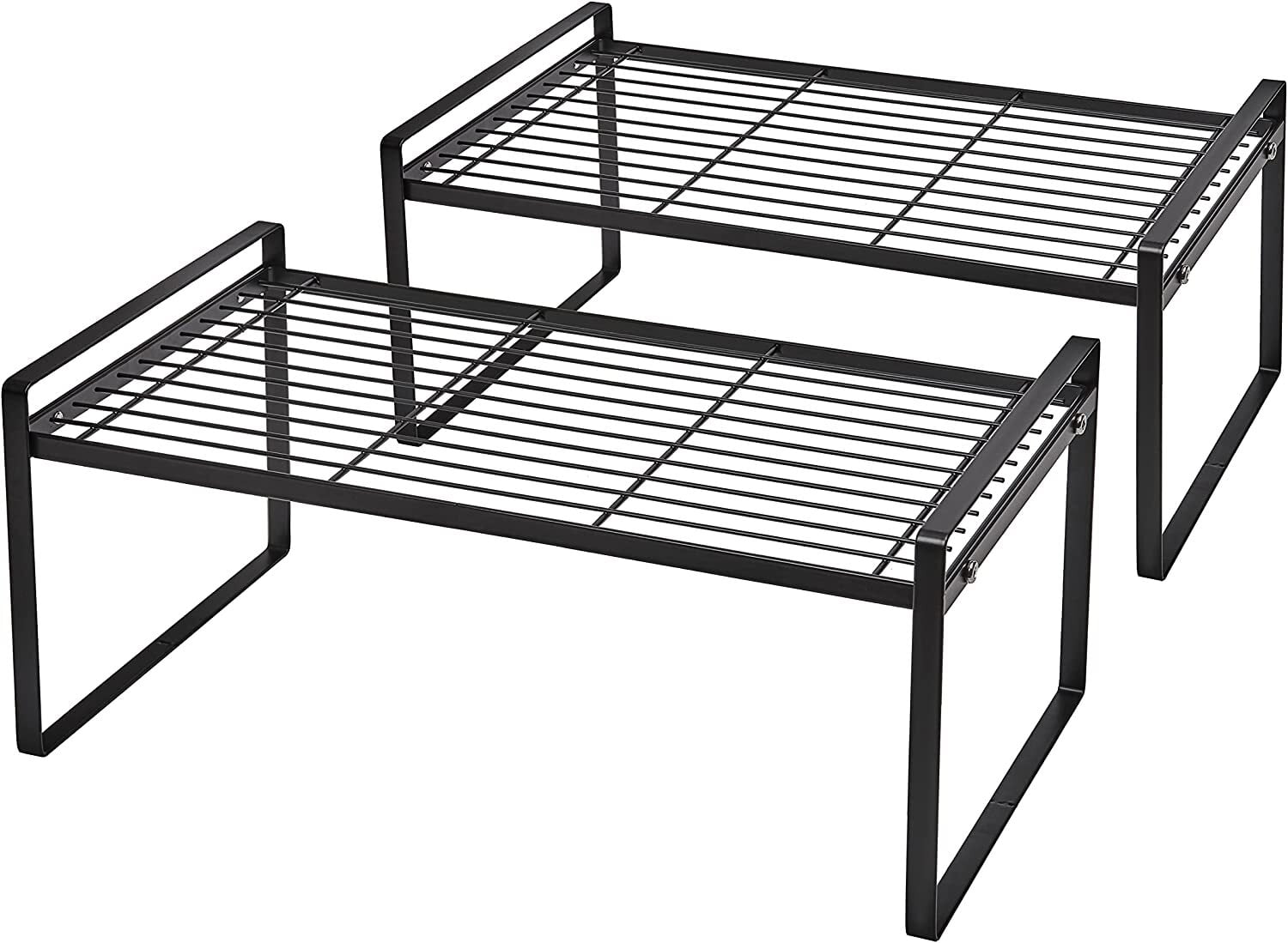 SUNFICON 2 Pack Cabinet Shelf Organizer Storage Rack Space Saving for Kitchen Counter Pantry Bathroom Cupboard Under Sink Office Table Desk Steel Stackable Rust Resistant 20”Black w Connected Hooks