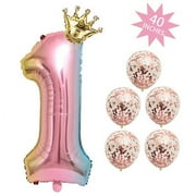 SUNFICON 40 Inches 1 Number Balloon, Giant Rainbow Digit Helium Foil Balloons,1 Gold Crown Balloon, 5 Confetti Balloons for Birthday Wedding Anniversary New Year Party Decorations