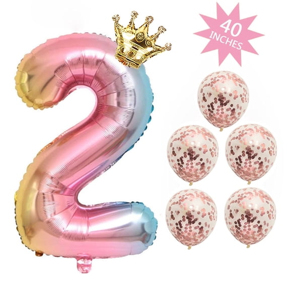 SUNFICON 40 Inches 2 Number Balloon, Giant Rainbow Digit Helium Foil Balloons,1 Gold Crown Balloon, 5 Confetti Balloons for Birthday Wedding Anniversary New Year Party Decorations