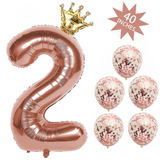 SUNFICON 40 Inches 2 Number Balloon, Giant Rose Red Digit Helium Foil Balloons,1 Gold Crown Balloon, 5 Confetti Balloons for Birthday Wedding Anniversary New Year Party Decorations