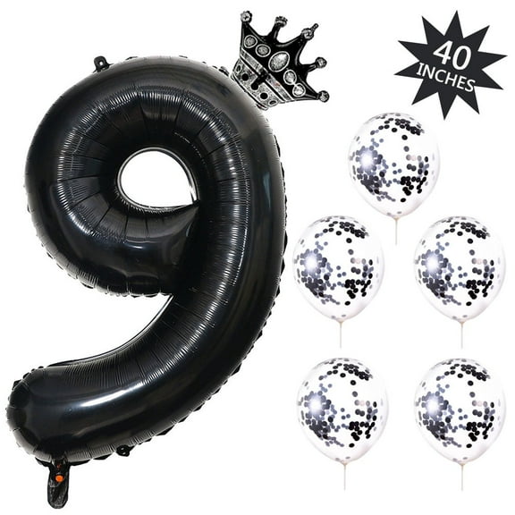 SUNFICON 40 Inches 9 Number Balloon, Giant Rainbow Digit Helium Foil Balloons,1 Black Crown Balloon, 5 Confetti Balloons for Birthday Wedding Anniversary New Year Party Decorations