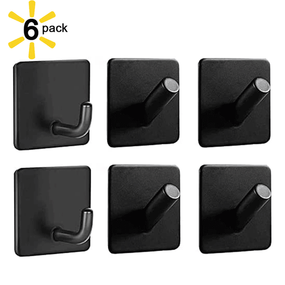 SUNFICON 6 Pack Strong Adhesive Hooks Sticky Wall Hanger 304 Stainless Steel Hook Holder 10lbs Door Wall Mount Cabinet Bathroom Kitchen Rustproof Waterproof Black