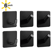 SUNFICON 6 Pack Strong Adhesive Hooks Sticky Wall Hanger 304 Stainless Steel Hook Holder 10lbs Door Wall Mount Cabinet Bathroom Kitchen Rustproof Waterproof Black