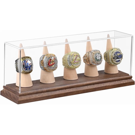 SUNFICON Championship Ring Display Case for 5 Rings, Walnut Wood Base ...