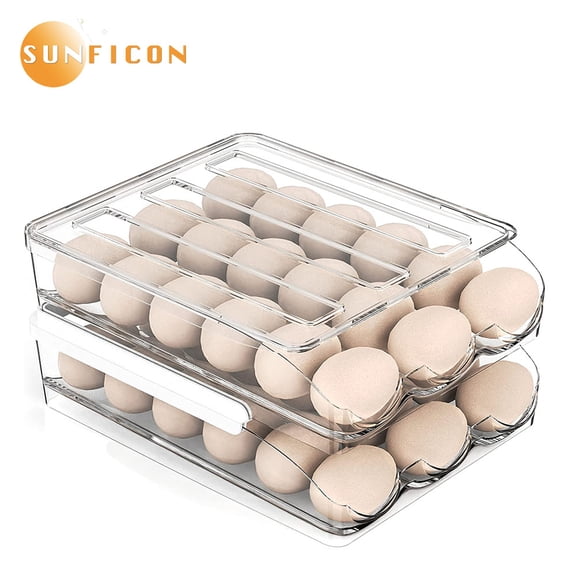 SUNFICON Egg Holder Storage Box with Lid Automatic Rolling Egg Container for Refrigerator Kitchen Egg Tray Organizer Bin for Household (2 layers)