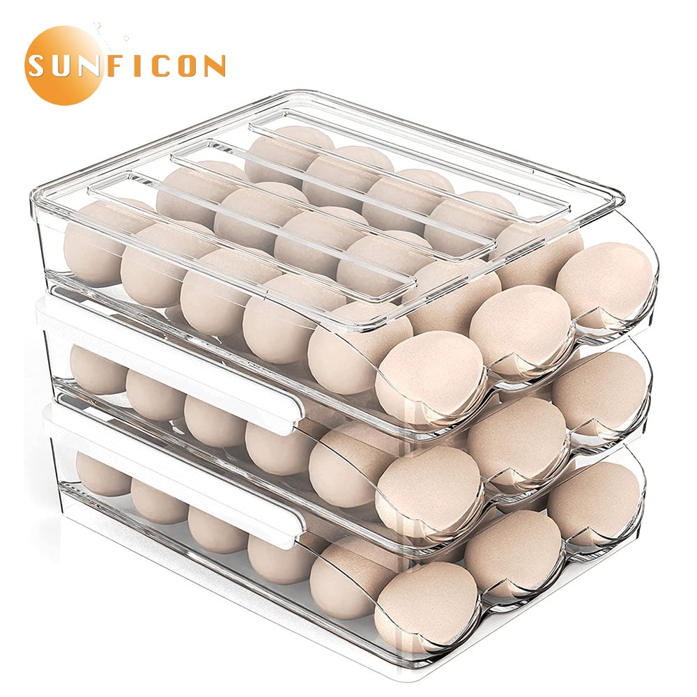 SUNFICON Egg Holder Storage Box with Lid Automatic Rolling Egg Container for Refrigerator Kitchen Egg Tray Organizer Bin for Household (3 layers)