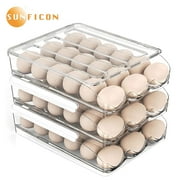SUNFICON Egg Holder Storage Box with Lid Automatic Rolling Egg Container for Refrigerator Kitchen Egg Tray Organizer Bin for Household 3 layers
