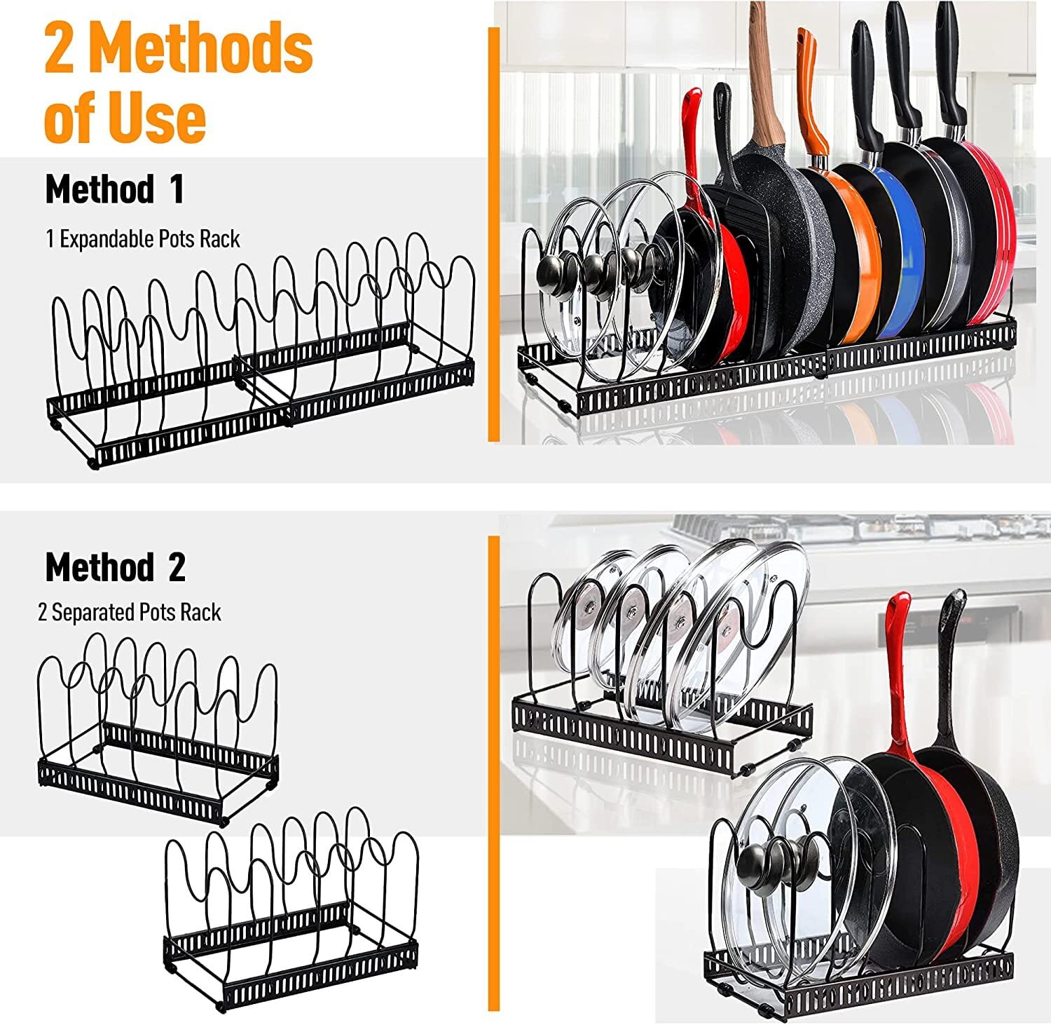 SUNFICON Expandable Vertical Storage Pot & Pan Organizer Rack, Lid