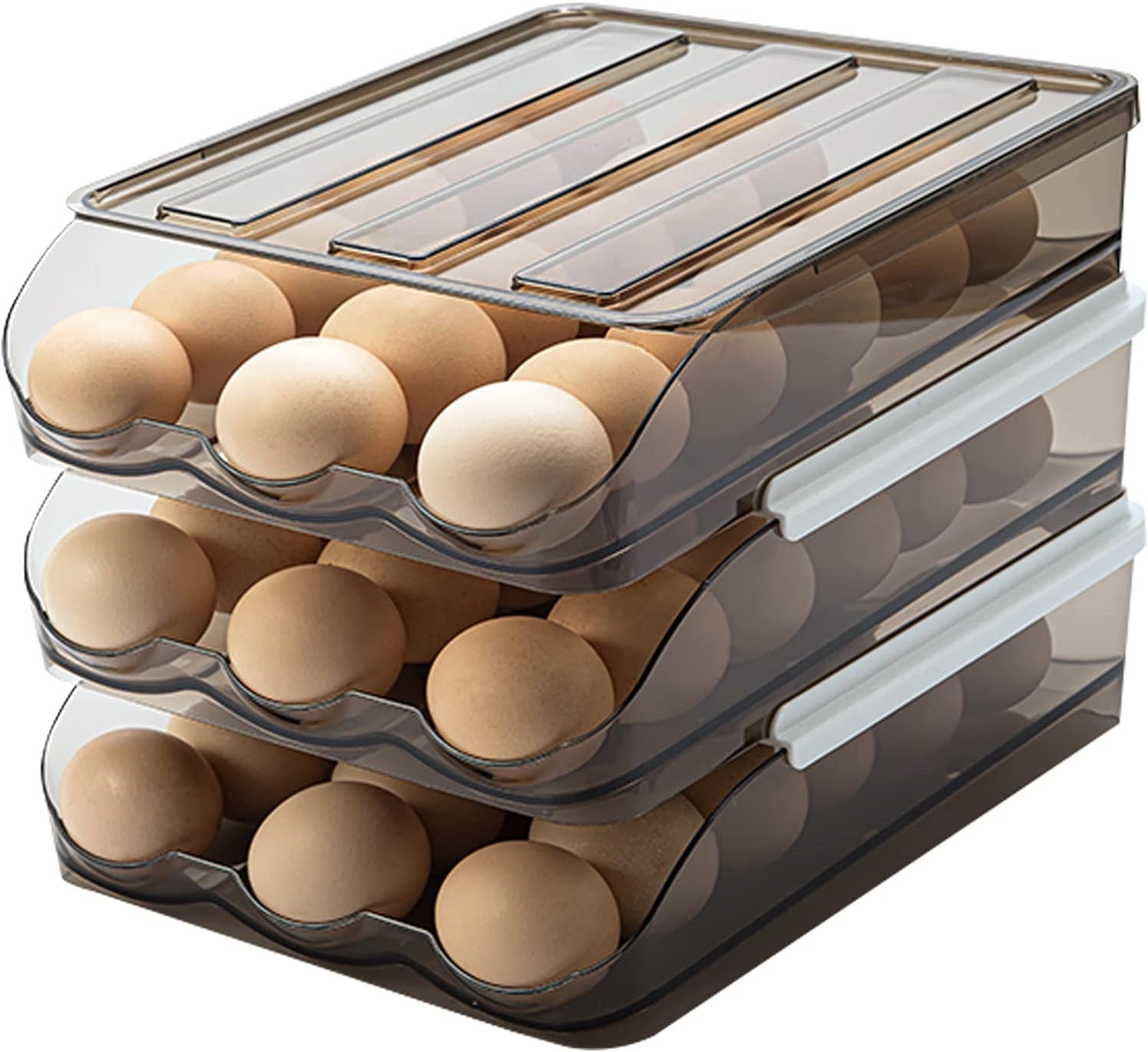 SUNFICON Large Capacity Auto Rolling Egg Holder for Refrigerator, Egg Fresh Storage Box for Fridge, Egg Storage Container Organizer Bin, Gray Storage Container (3 Layers)