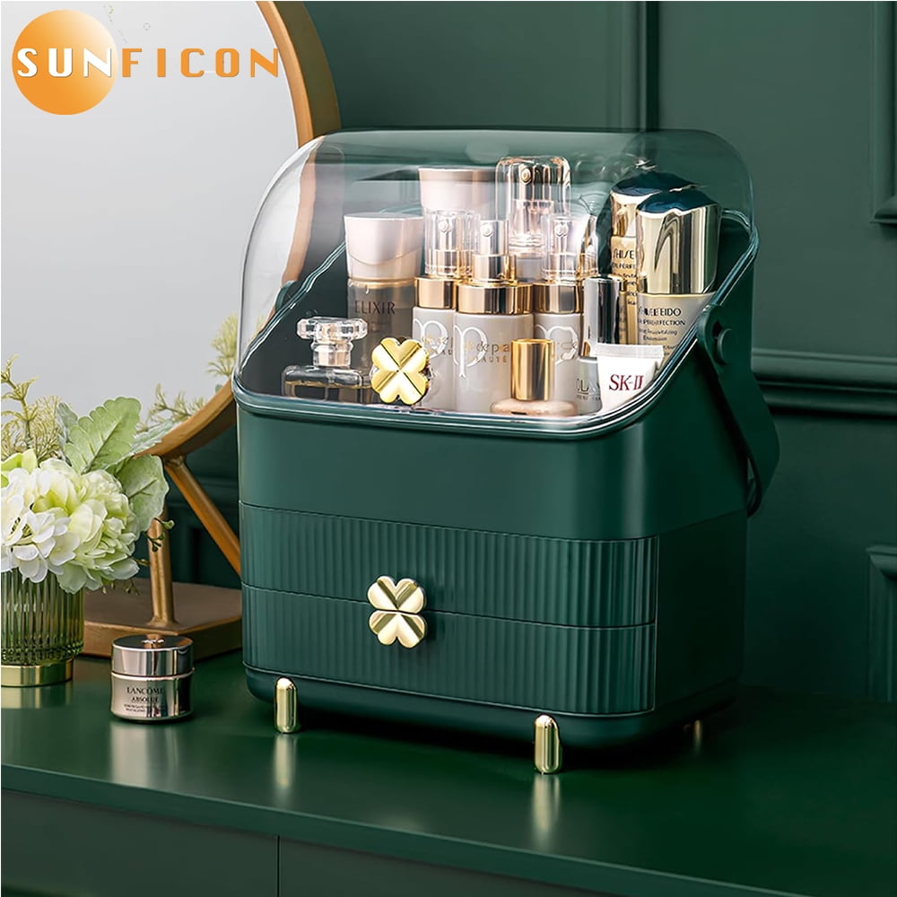 Makeup Organizer, Waterproof&Dustproof Cosmetic Organizer Box with Lid  Fully Open Makeup Display Boxes, Skincare Organizers Makeup Caddy Holder  for Bathroom, Dresser, Countertop Bedroom-White 