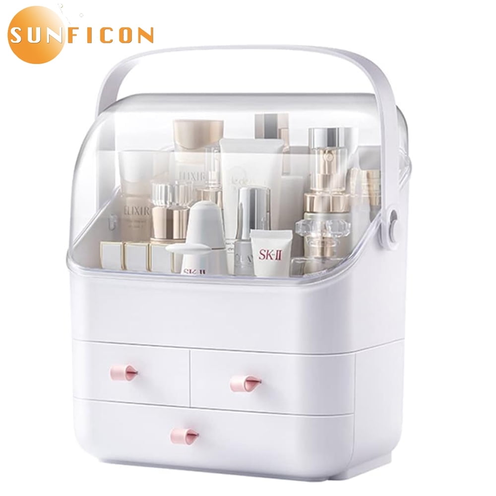 SUNFICON Makeup Organizer, Waterproof&Dustproof Cosmetic Organizer Box with Lid Fully Open