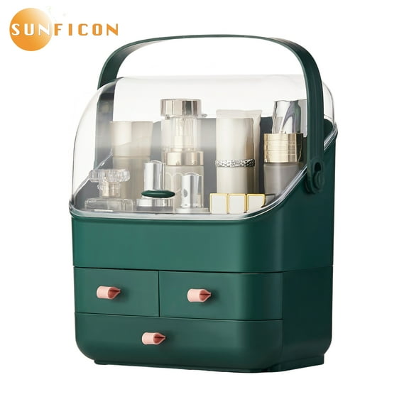 SUNFICON Makeup Organizer, Waterproof&Dustproof Cosmetic Organizer Box with Lid Fully Open Makeup Display Boxes, Great for Bathroom Countertop Bedroom Dresser,Green