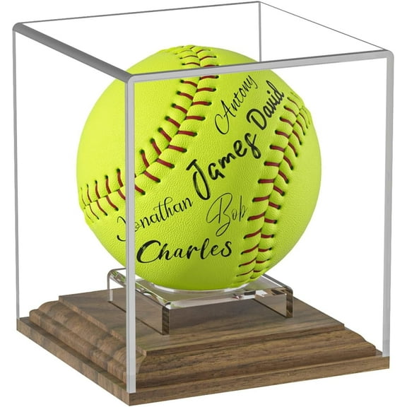 SUNFICON Softball Display Case Clear Acrylic Ball Holder, UV Protected Cube with Walnut Wood Base Stand, Championship Sports Collections Box Showcase