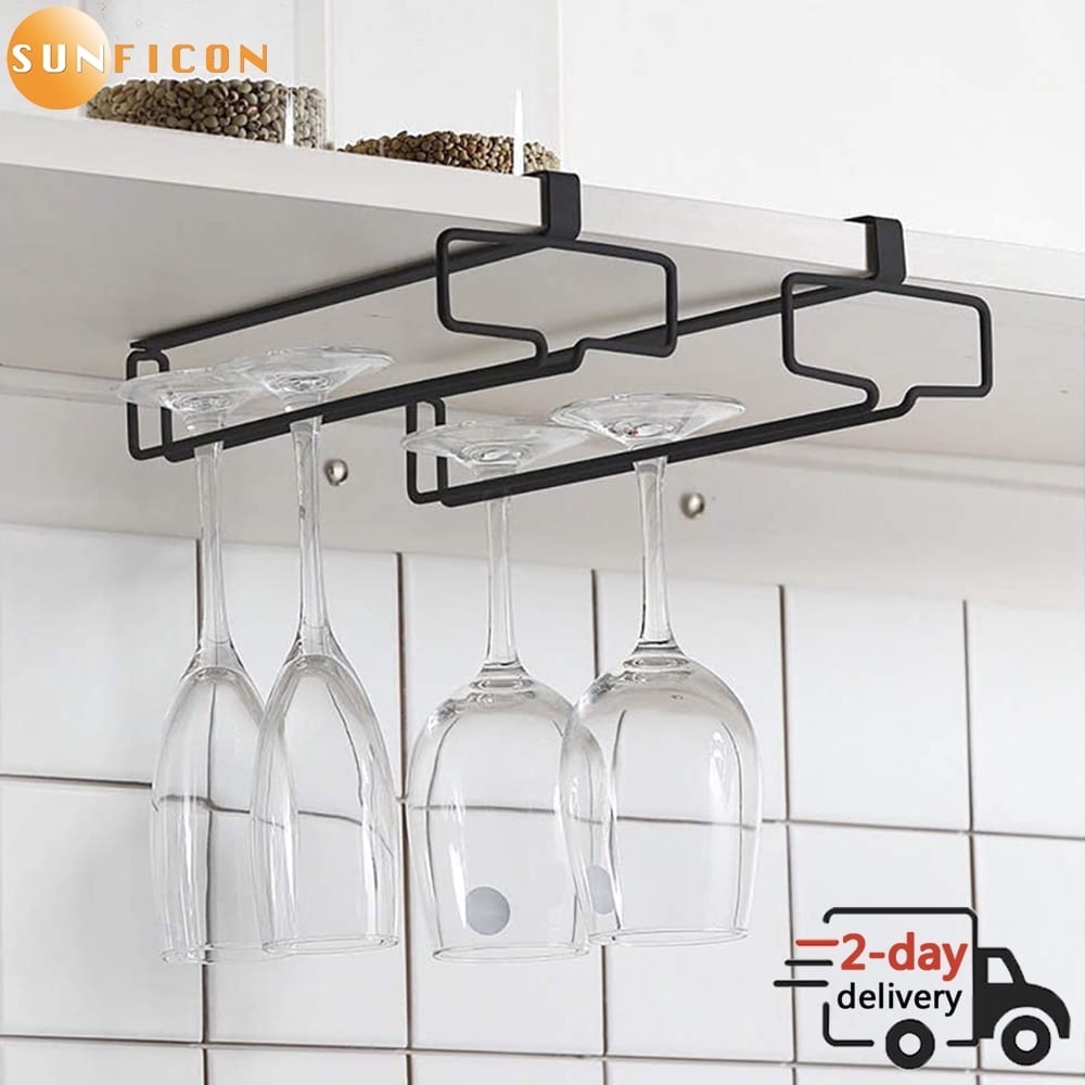 SUNFICON Under Cabinet Wine Glass Rack, Stemware Rack Hanger, Black ...