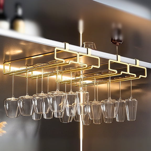 SUNFICON Wine Glass Rack Under Cabinet Stemware Rack, Wine Glass Hangers Rack Wire Wine Glass Holder Storage for Cabinet Kitchen Bar,Gold