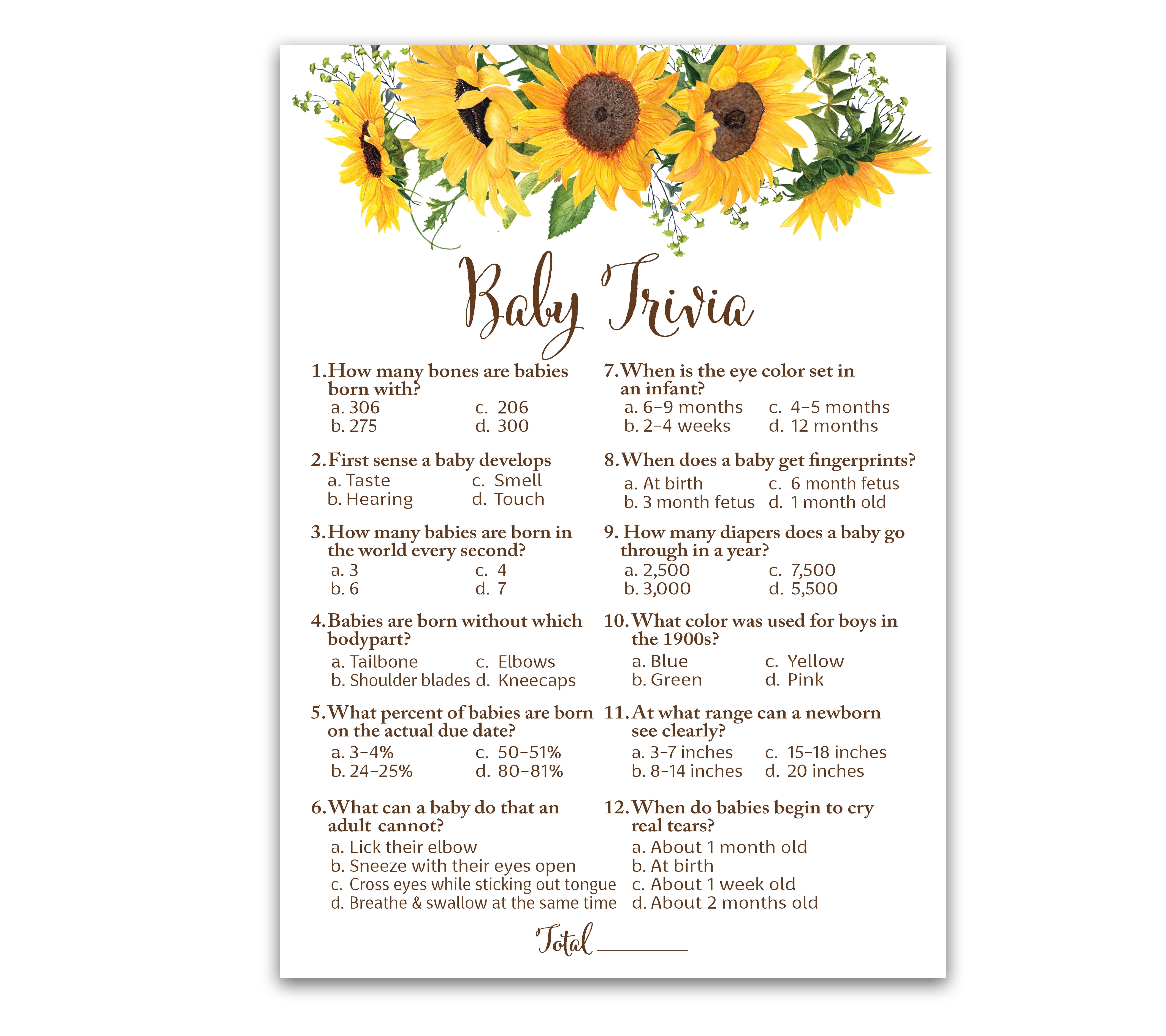 SUNFLOWER Baby Shower Game, Sunflowers BABY TRIVIA Game — Pack of 25 ...