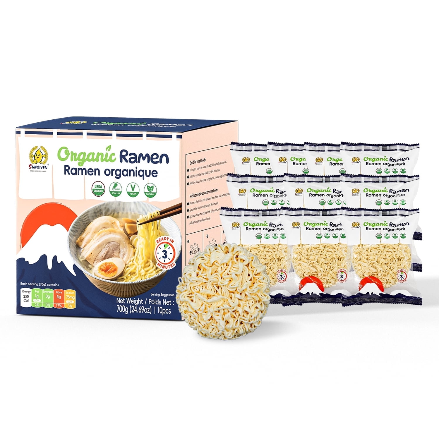 SUNGIVEN Organic Ramen Noodles, Healthy Low Sodium Noodles, Ready in 3 Minutes, Non-Fried Instant Noodles, No Additives or Preservatives, 2.46 OZ (Pack of 10) 24.69 Oz
