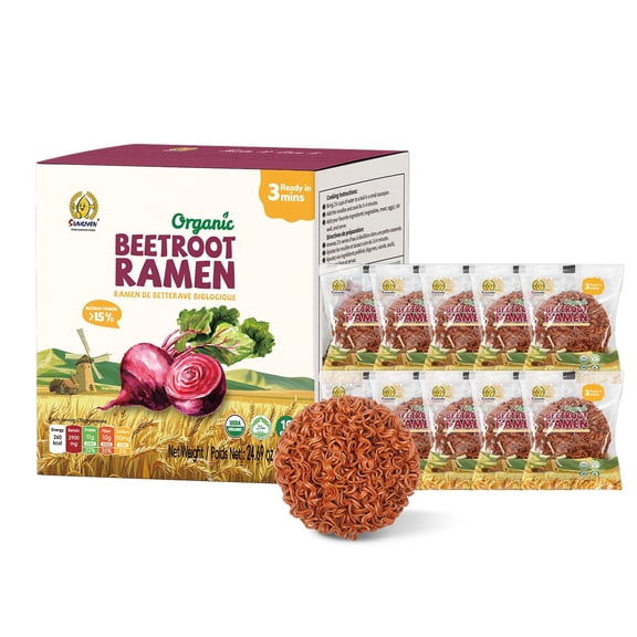 SUNGIVEN Organic Ramen Noodles Beetroot Healthy Low Sodium Ready in 3 Minutes Non-Fried Instant No Additives or Preservatives 2.47 OZ (Pack of 10)