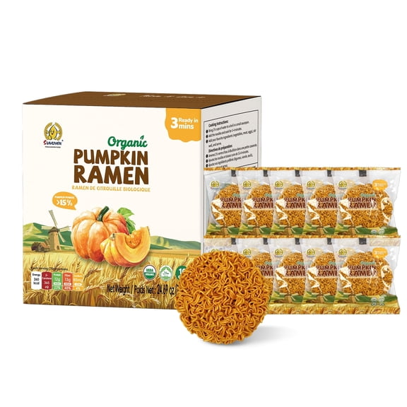 SUNGIVEN Organic Ramen Noodles Pumpkin Healthy Low Sodium Ready in 3 Minutes Non-Fried Instant No Additives or Preservatives 2.47 OZ (Pack of 10)