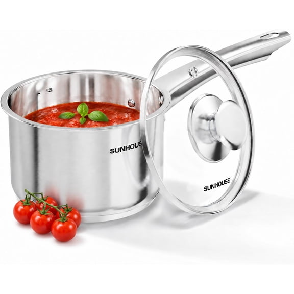 Sunhouse 1.5 Qt Stainless Steel Saucepan with Glass Lid, Impact-Bonded Induction Base, Small Cooking Pot