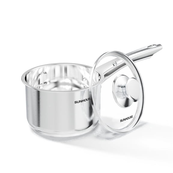 Sunhouse 1.5 Qt Stainless Steel Saucepan with Glass Lid, Impact-Bonded Induction Base, Small Cooking Pot