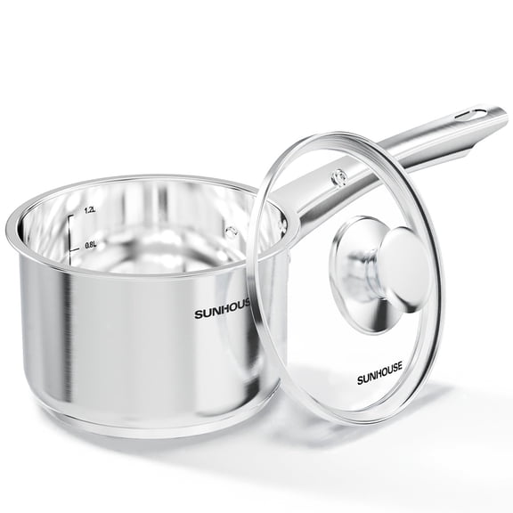 Sunhouse 1.5 Qt Stainless Steel Saucepan with Glass Lid, Impact-Bonded Induction Base, Small Cooking Pot