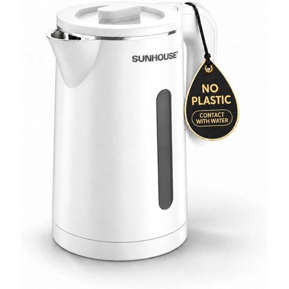 SUNHOUSE 1.8L Double Wall Electric Tea Kettle and Kettle Water Boiler, 100% Stainless Steel Interior & Lid & Spout, 1500W Fast Boiling, Auto-Off and Boil-Dry Protection (White)