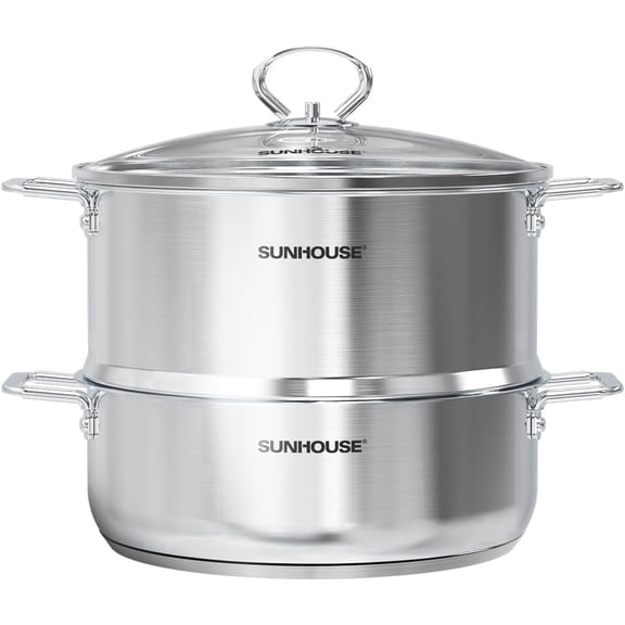 SUNHOUSE 2-Tier Stainless Steel Steamer Pot with Lid - Larger 5.5 QT Steamer & 3.8 QT Stockpot Base - Induction Ready, Compatible with All Cooktops - Multipurpose for Vegetables & Dumplings