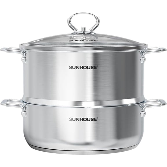 SUNHOUSE 2-Tier Stainless Steel Steamer Pot with Lid - Larger 5.5 QT Steamer & 3.8 QT Stockpot Base - Induction Ready, Compatible with All Cooktops - Multipurpose for Vegetables & Dumplings