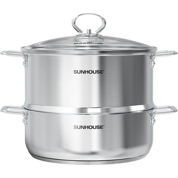 SUNHOUSE 2-Tier Stainless Steel Steamer Pot with Lid - Larger 5.5 QT Steamer & 3.8 QT Stockpot Base - Induction Ready, Compatible with All Cooktops - Multipurpose for Vegetables & Dumplings