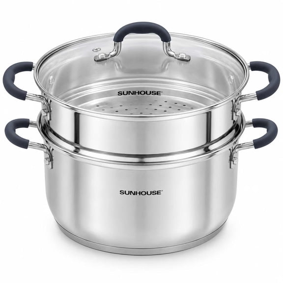 SUNHOUSE Stainless Steel Steamer Pot for Cooking - 3.1 QT Steaming Pot with Glass Lid & Steamer Basket - 2 Tier Tri-ply Vegetable Steamer with Stay-Cool Silicone Handles - Induction Compatible