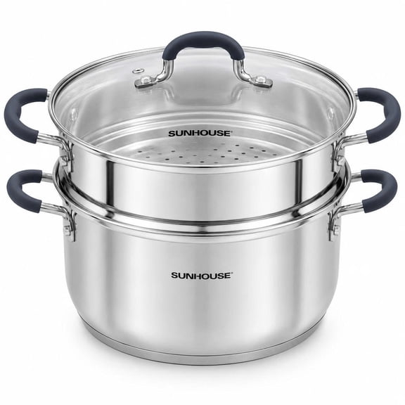 Sunhouse 3.1 Qt Stainless Steel Steamer Pot with Glass Lid, 2-Tier Tri-Ply Vegetable Steamer, Induction
