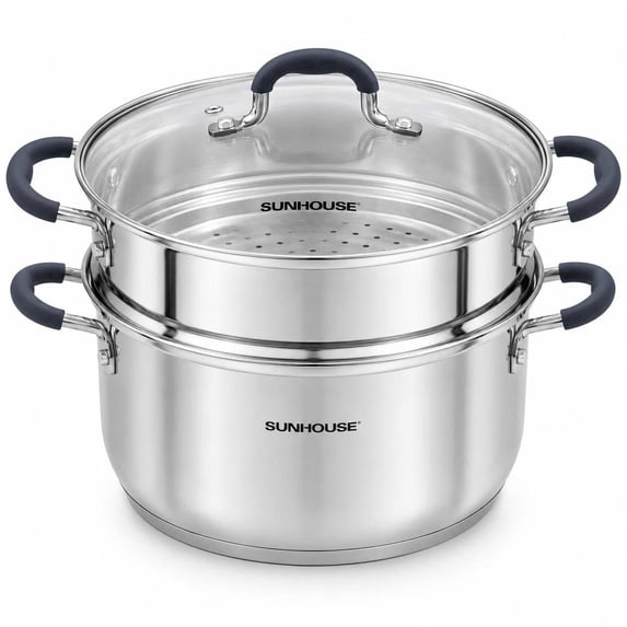 SUNHOUSE 3.1 Qt Stainless Steel Steamer Pot with Glass Lid, 2-Tier Tri-Ply Vegetable Steamer, Induction Compatible