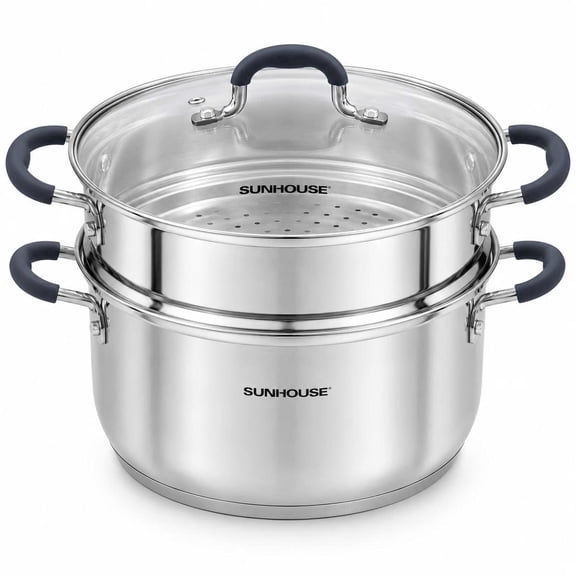 SUNHOUSE Stainless Steel Steamer Pot for Cooking - 3.1 QT Steaming Pot with Glass Lid & Steamer Basket - 2 Tier Tri-ply Vegetable Steamer with Stay-Cool Silicone Handles - Induction Compatible