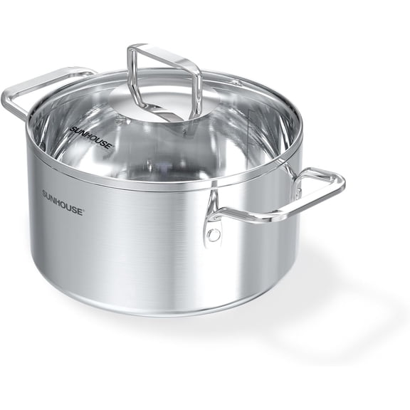 SUNHOUSE - 3.4 Quarts Tri-Ply Stainless Steel Stock Pot, Stockpot Pasta Cooking Pot with Visible Lid for Soup Vegetable, Induction Cookware for All Stoves, Dishwasher Safe