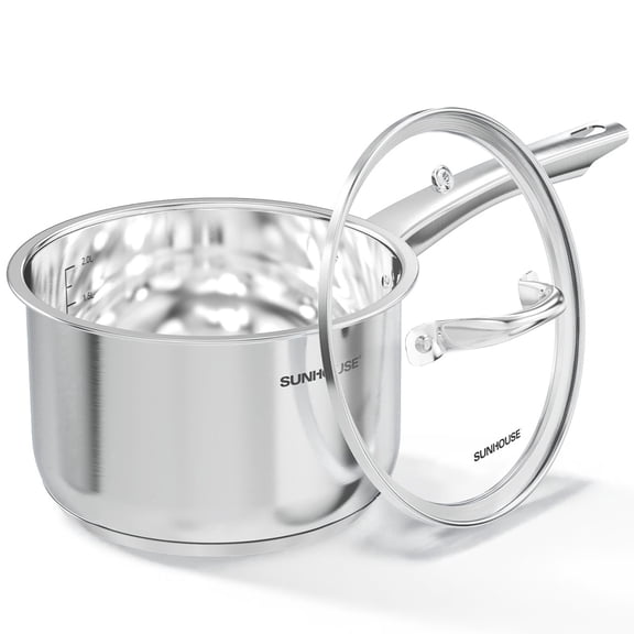 Sunhouse 3 Qt Stainless Steel Saucepan with Glass Lid, Impact-Bonded Induction Base, Small Cooking Pot