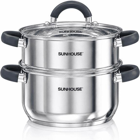 Sunhouse 3 Qt Stainless Steel Steamer Pot with Lid and Basket, 2-Tier Tri-Ply Vegetable Steamer, Induction