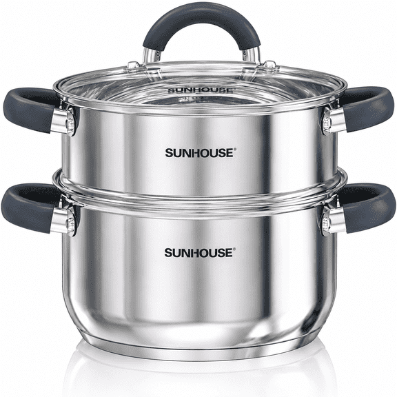 SUNHOUSE Stainless Steel Steamer Pot for Cooking - 3 QT Steaming Pot with Lid & Steamer Basket - 2 Tier Tri-ply Bottom Vegetable Steamerwith Stay-Cool Silicone Handles - Induction Compatible Cookware