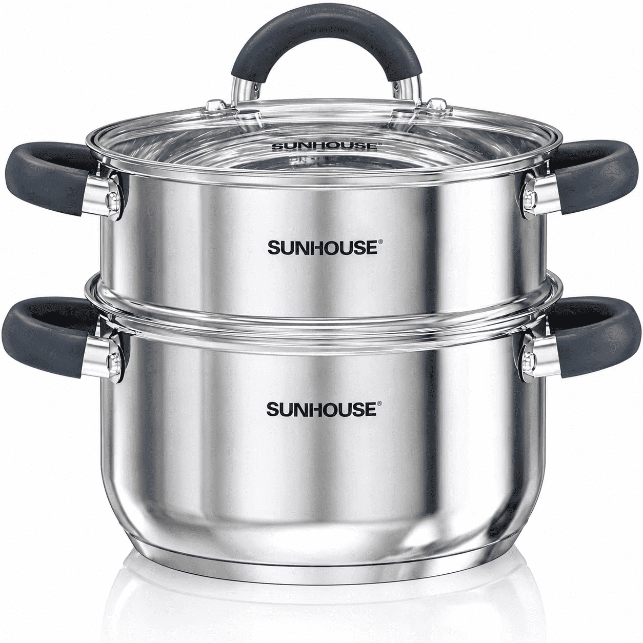Sunhouse 3 Qt Stainless Steel Steamer Pot with Lid and Basket, 2-Tier Tri-Ply Vegetable Steamer, Induction