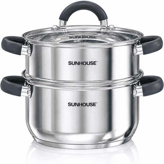Sunhouse 3 Qt Stainless Steel Steamer Pot with Lid and Basket, 2-Tier Tri-Ply Vegetable Steamer, Induction