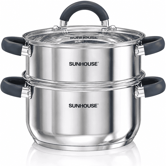Sunhouse Stainless Steel Steamer Pot for Cooking - 3 QT Steaming Pot with Lid & Steamer Basket - 2 Tier Tri-Ply Bottom Vegetable Steamerwith Stay-Cool Silicone Handles - Induction Compatible Cookware