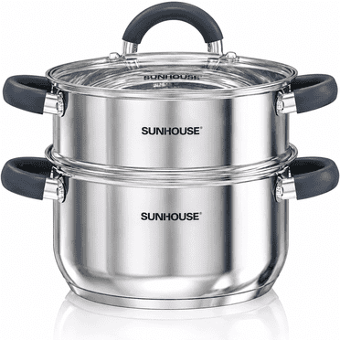 Sunhouse Stainless Steel Steamer Pot for Cooking - 3 QT Steaming Pot with Lid & Steamer Basket - 2 Tier Tri-Ply Bottom Vegetable Steamerwith Stay-Cool Silicone Handles - Induction Compatible Cookware